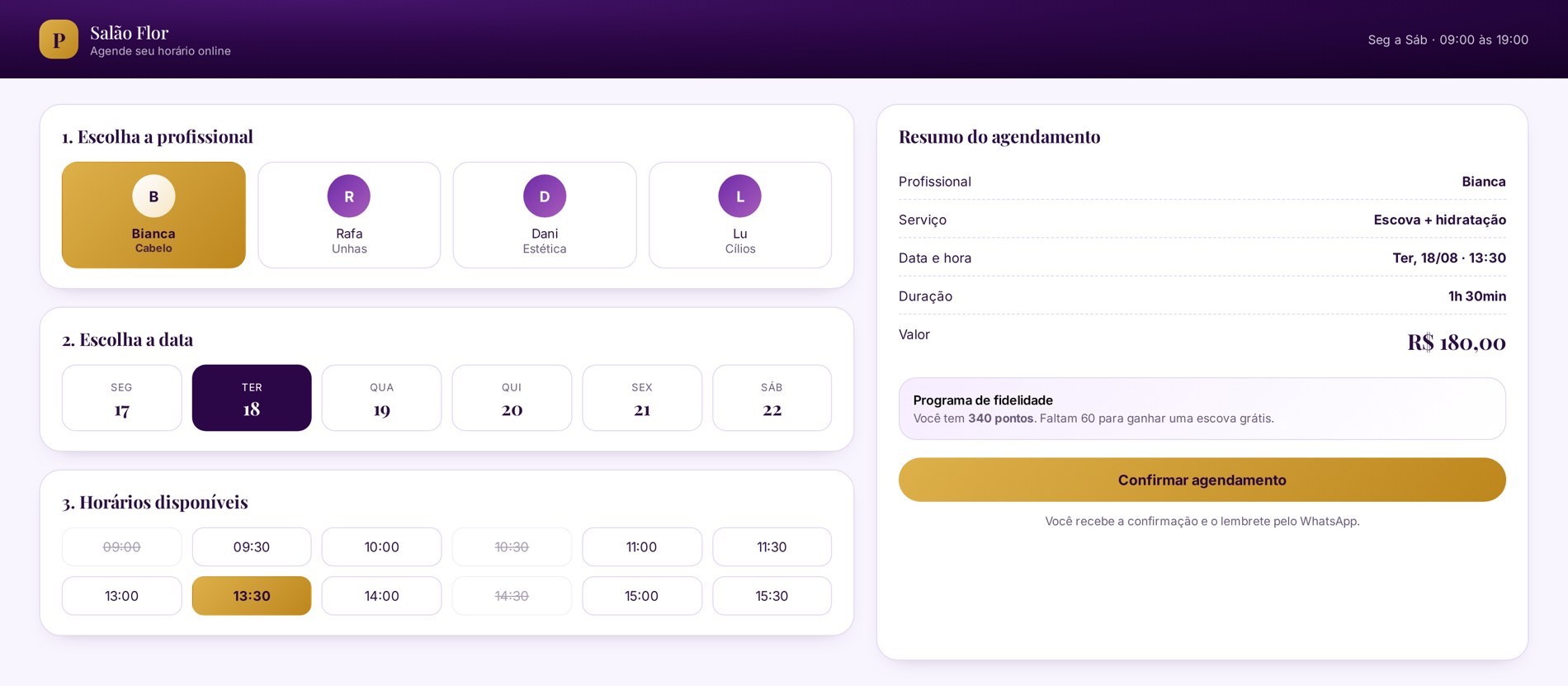 Página de agendamento da Purple Salon vista pela cliente