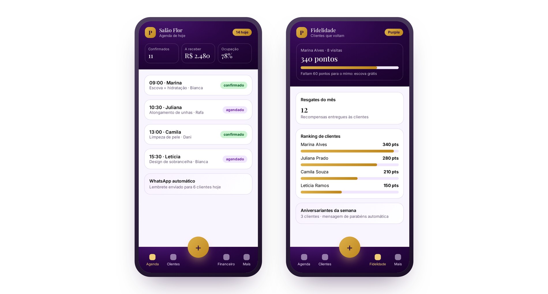 Purple Salon no celular: agenda do dia e programa de fidelidade